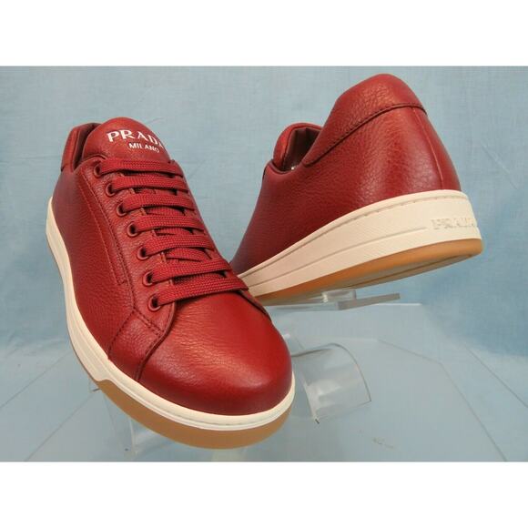 NIB PRADA 4E3507 RED TEXTURED LEATHER LACE UP LOGO LOW TOP SNEAKERS 7 US 8 - Picture 1 of 12
